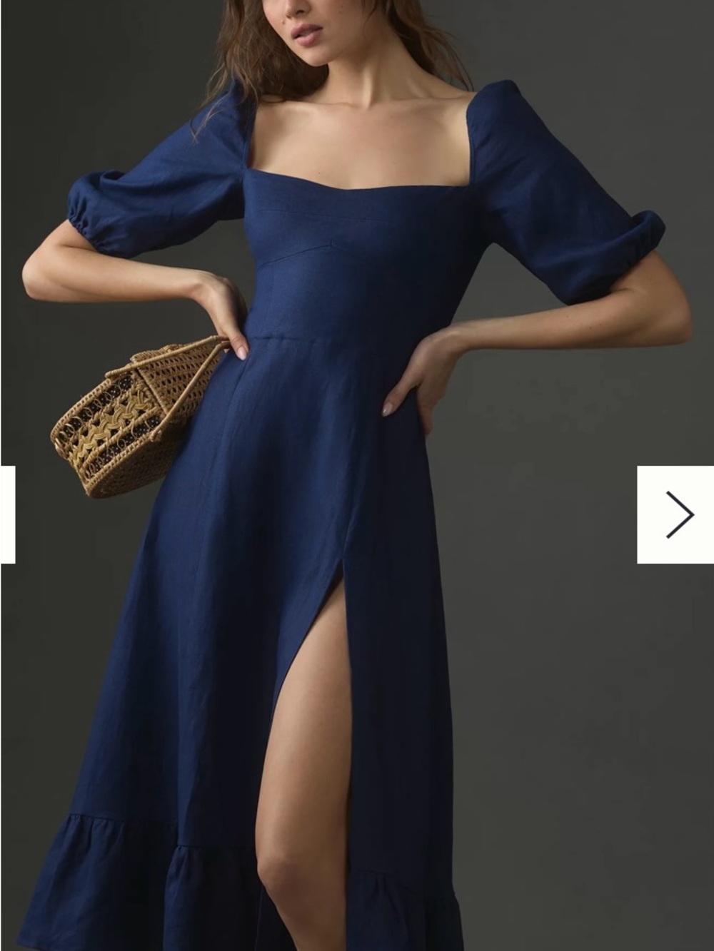 Reformation Navy Linen Puff-Sleeve Maxi Dress